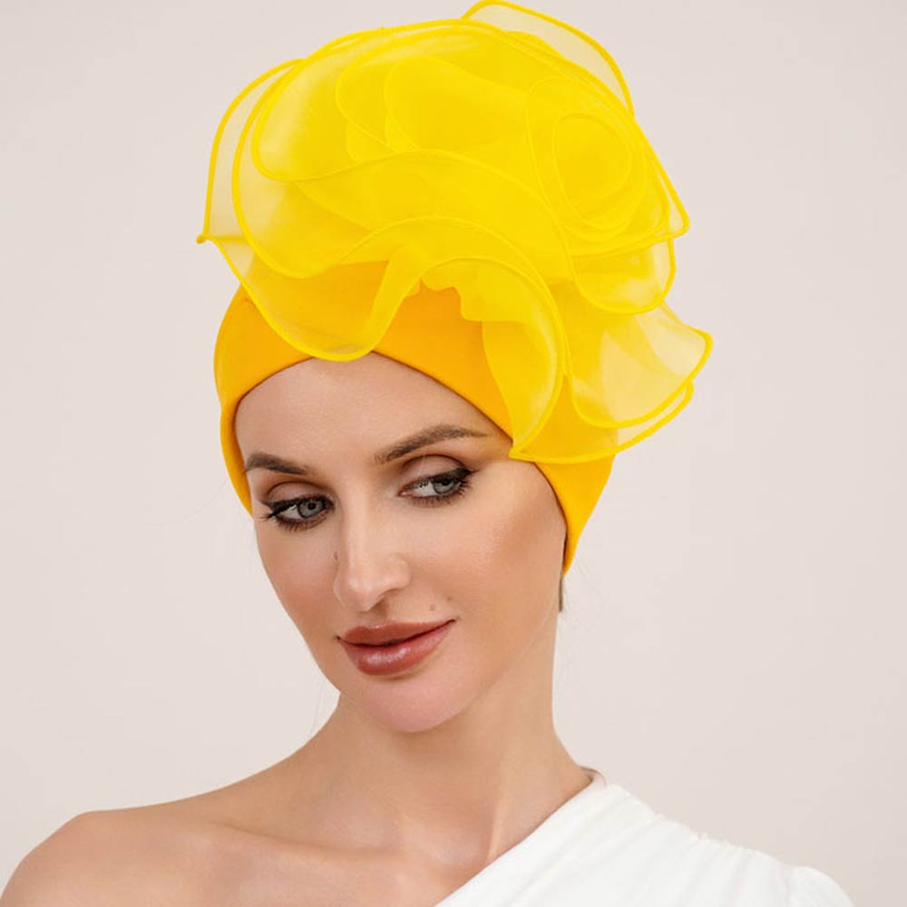 Madeline Love Yellow Bold Organza Flower Accent Statement Turban Hair Wrap - Hair Accessories