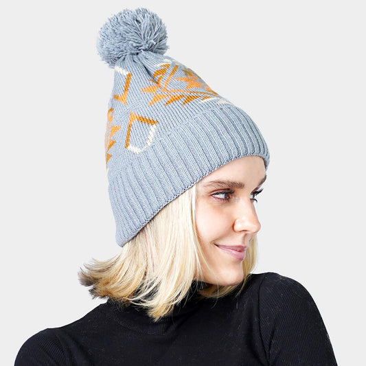 Gray Pom Pom Western Pattern Beanie Hat