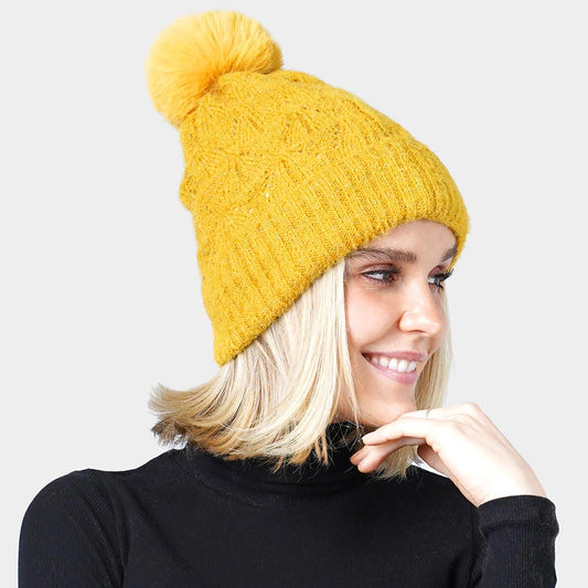 Mustard Pom Pom Multi Color Lurex Knit Beanie Hat