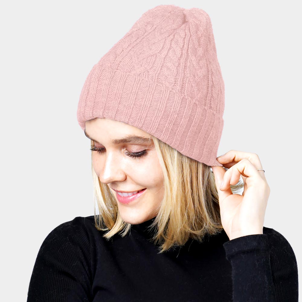 Pink Cable Knit Cuff Beanie Hat