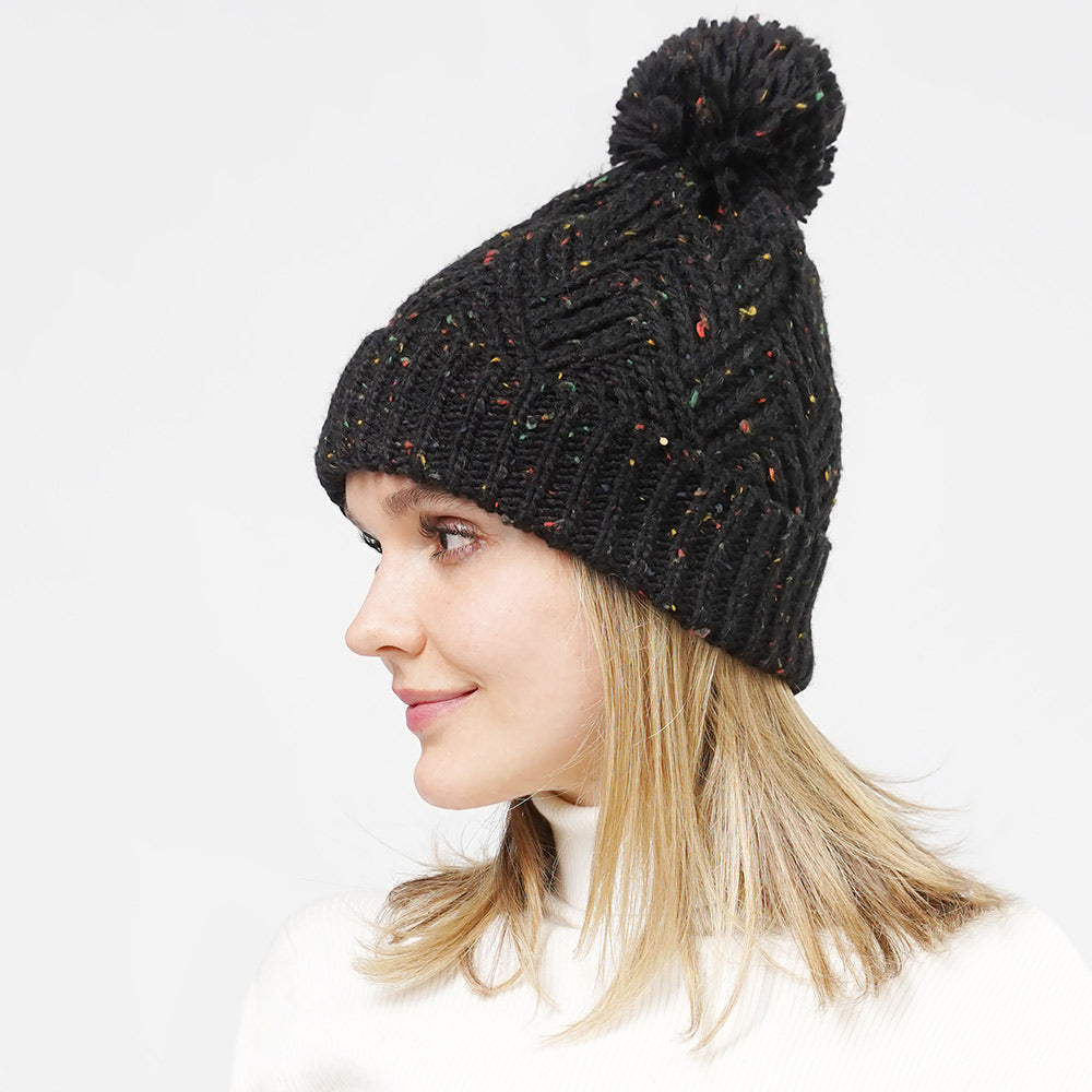 Black Confetti Knit Pom Pom Beanie Hat
