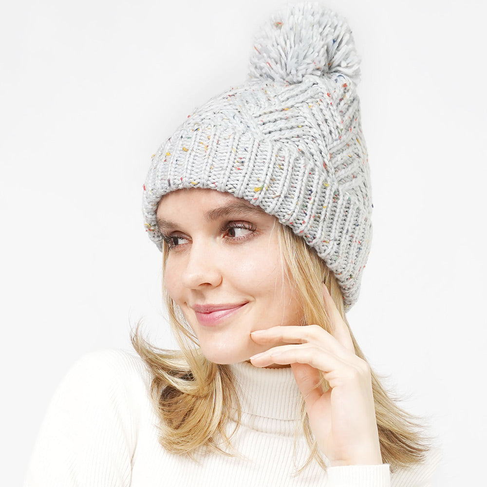 Gray Confetti Knit Pom Pom Beanie Hat
