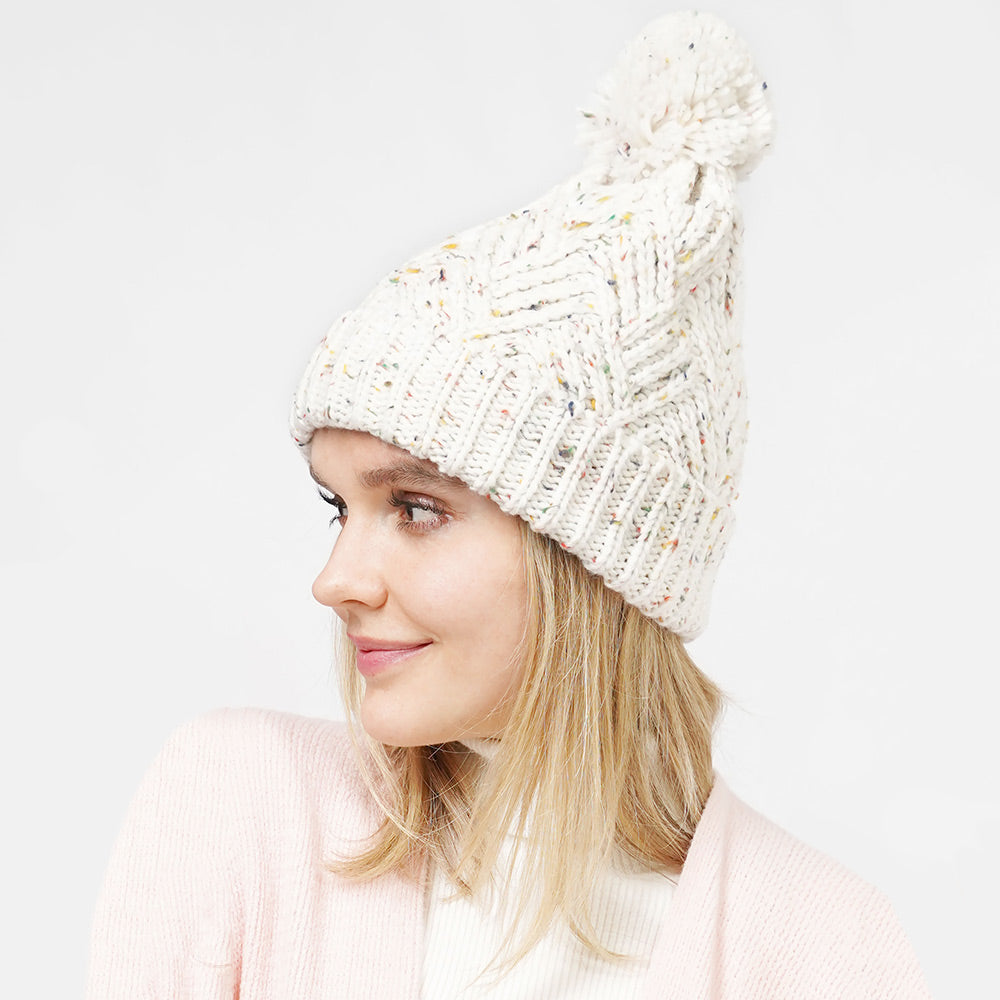 Ivory Confetti Knit Pom Pom Beanie Hat