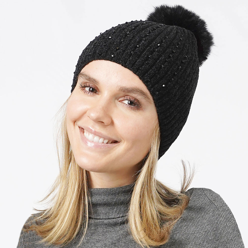 Black Stone Embellished Chenille Pom Pom Beanie Hat