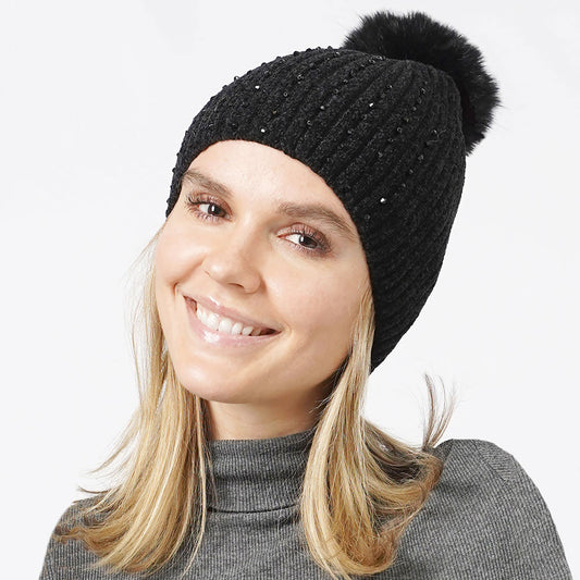 Black Stone Embellished Chenille Pom Pom Beanie Hat