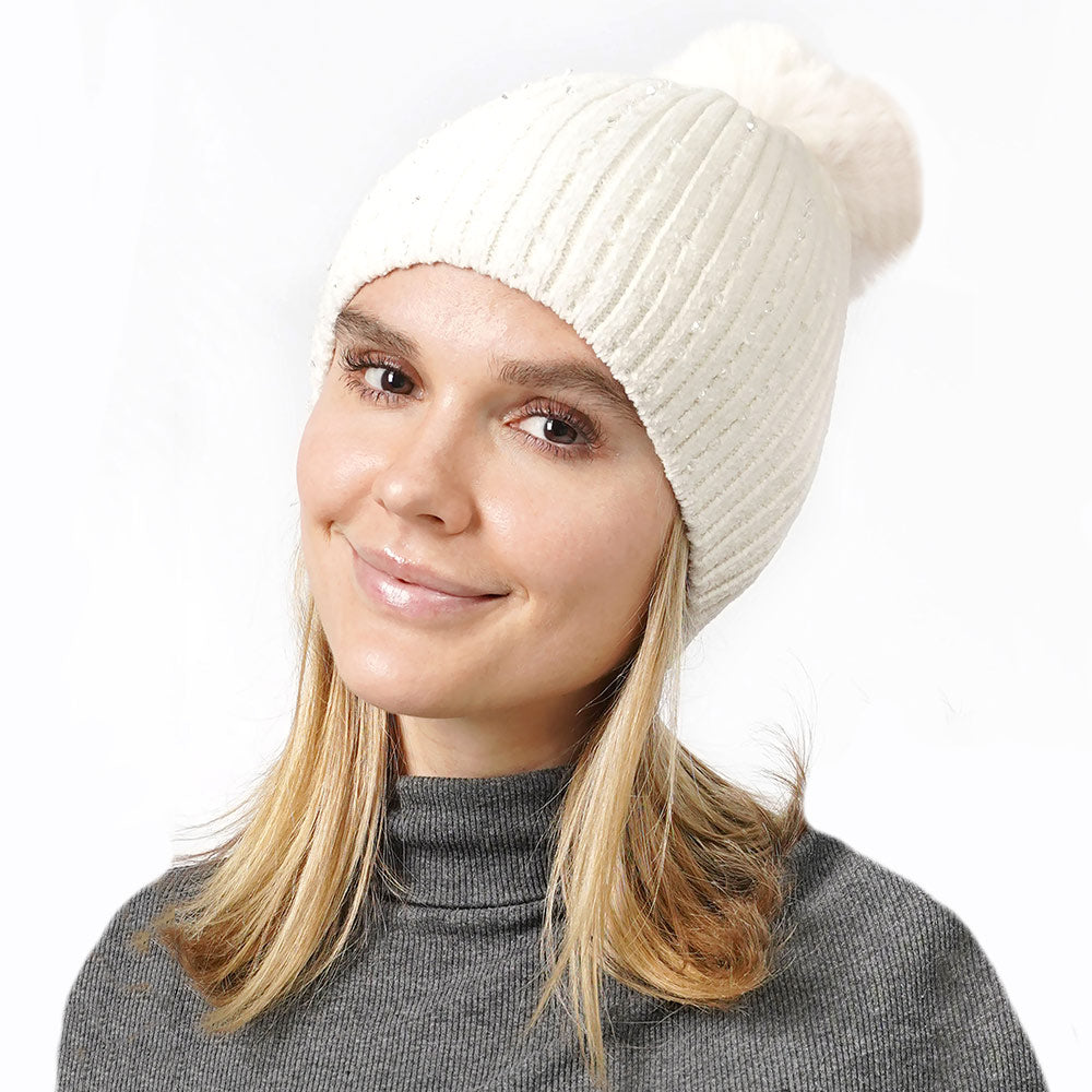 Ivory Stone Embellished Chenille Pom Pom Beanie Hat