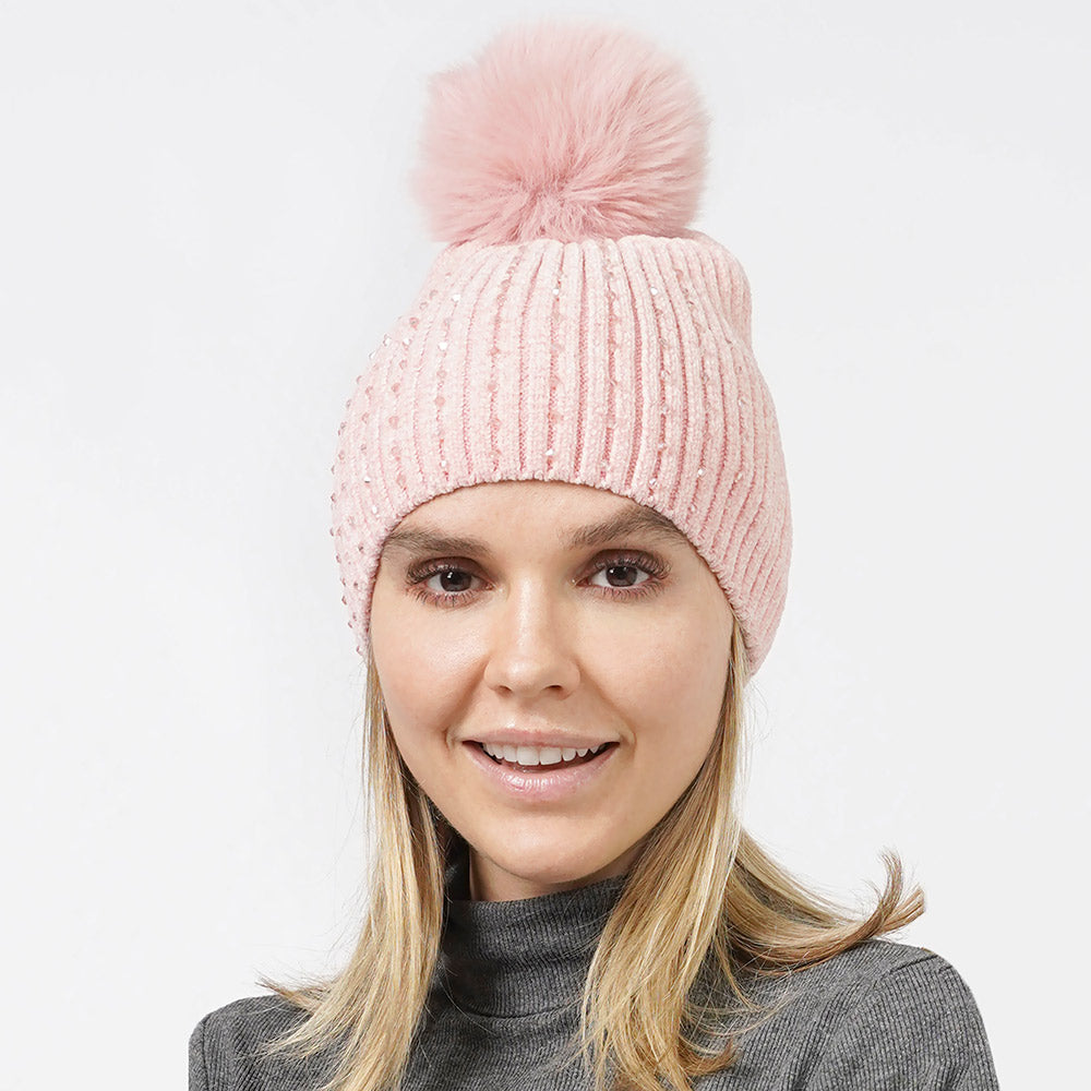 Pink Stone Embellished Chenille Pom Pom Beanie Hat