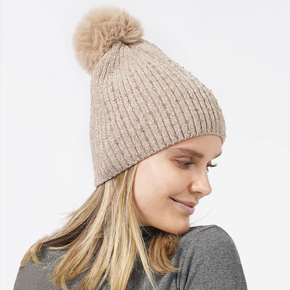 Taupe Stone Embellished Chenille Pom Pom Beanie Hat