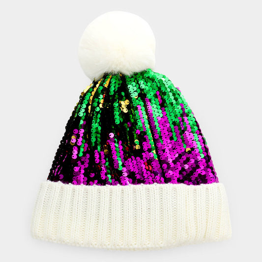 Multi Mardi Gras Sequin Pom Pom Beanie Hat