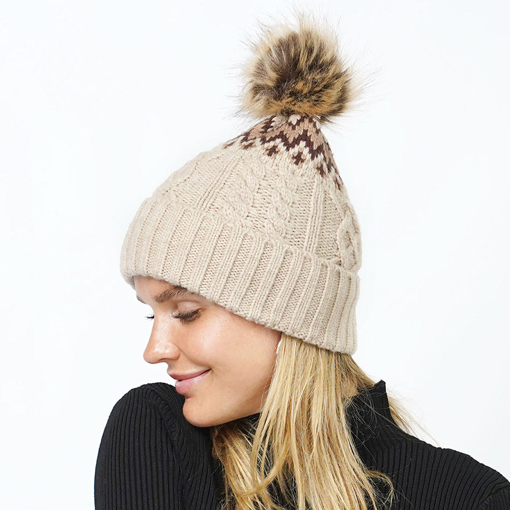 Beige Ethnic Knit Beanie with Pom Pom