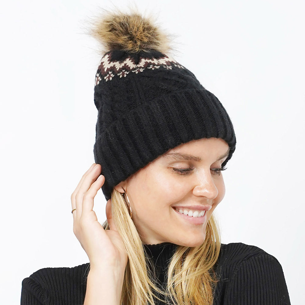 Black Ethnic Knit Beanie with Pom Pom