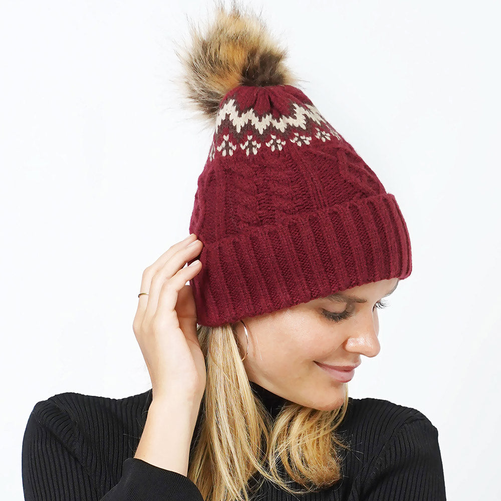 Burgundy Ethnic Knit Beanie with Pom Pom