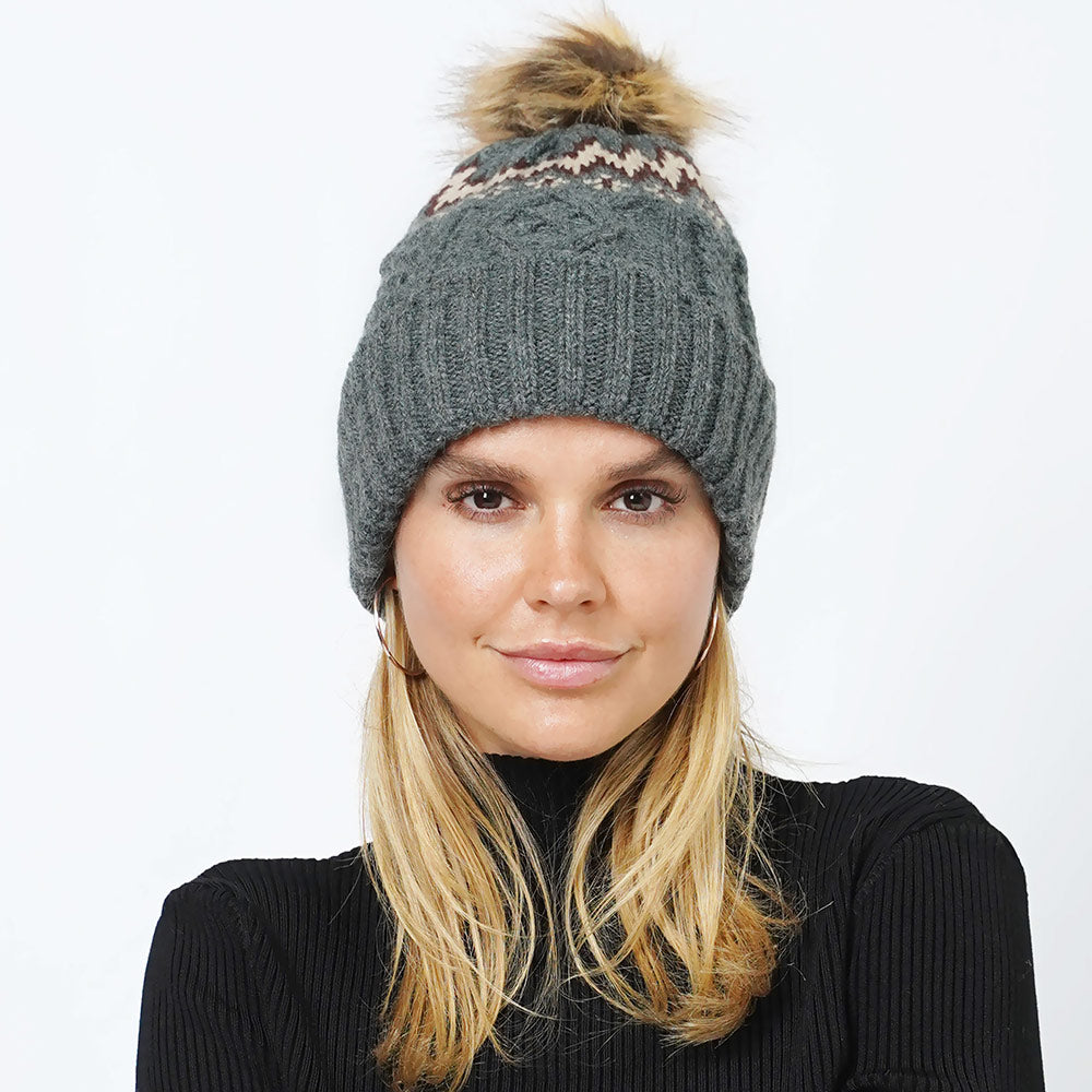 Gray Ethnic Knit Beanie with Pom Pom