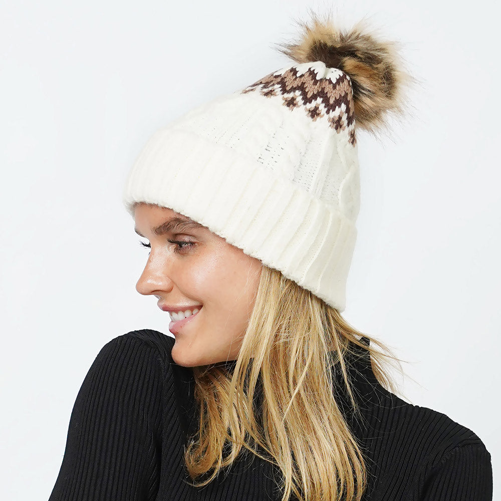 Ivory Ethnic Knit Beanie with Pom Pom