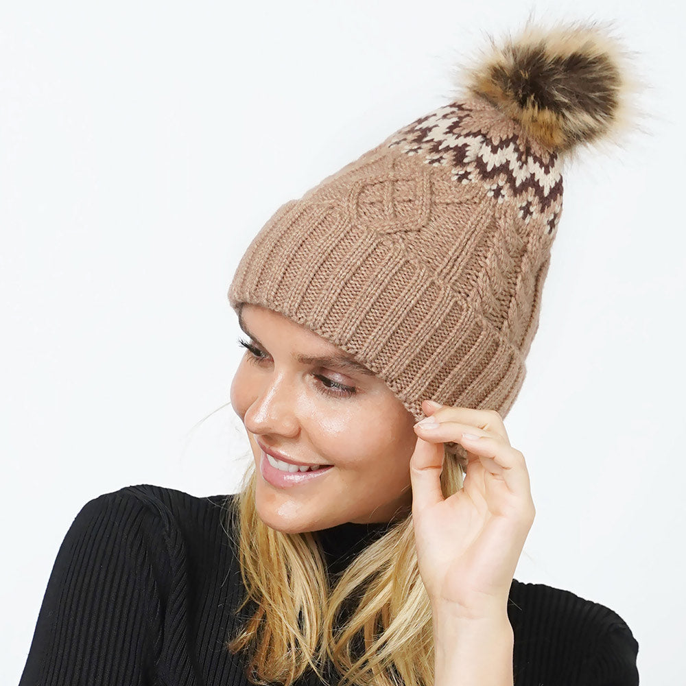 Taupe Ethnic Knit Beanie with Pom Pom