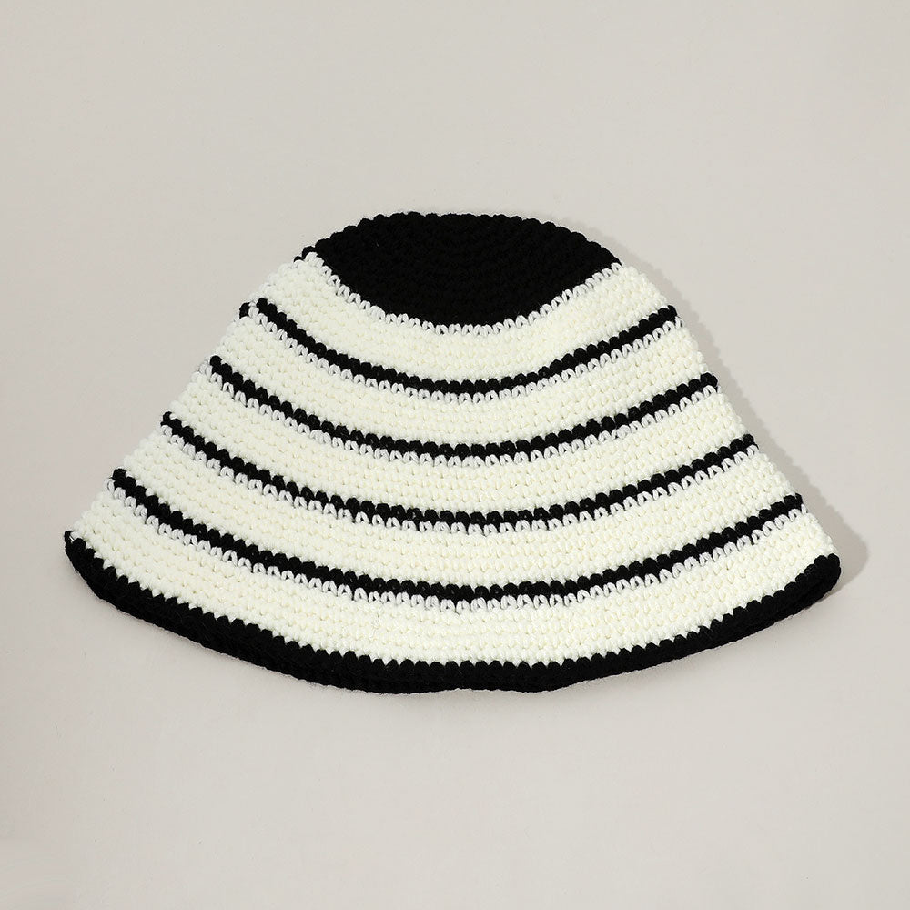 Madeline Love Black, White Wire Inserted Rim Crochet Knit Striped Pattern Bucket Hat - Hats