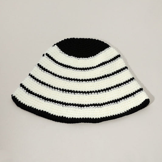 Madeline Love Black, White Wire Inserted Rim Crochet Knit Striped Pattern Bucket Hat - Hats