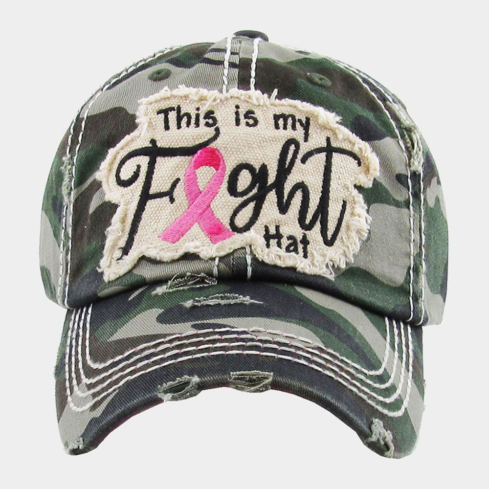 Green This Is My Fight Hat Message Pink Ribbon Accented Camouflage Patterned Vintage Baseball Cap