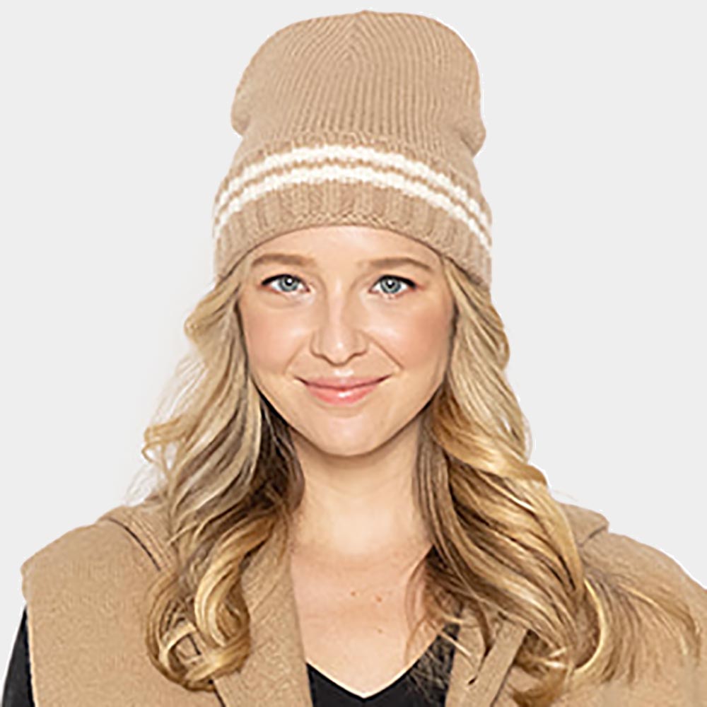 Camel Striped Knit Cuff Beanie Hat