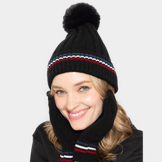 Black Stripe Pointed Faux Fur Pom Pom Knit Beanie Hat