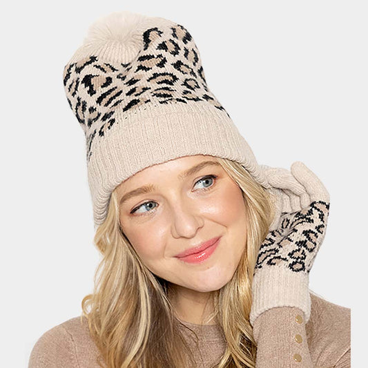 Beige Leopard Patterned Faux Fur Pom Pom Ribbed Beanie Hat