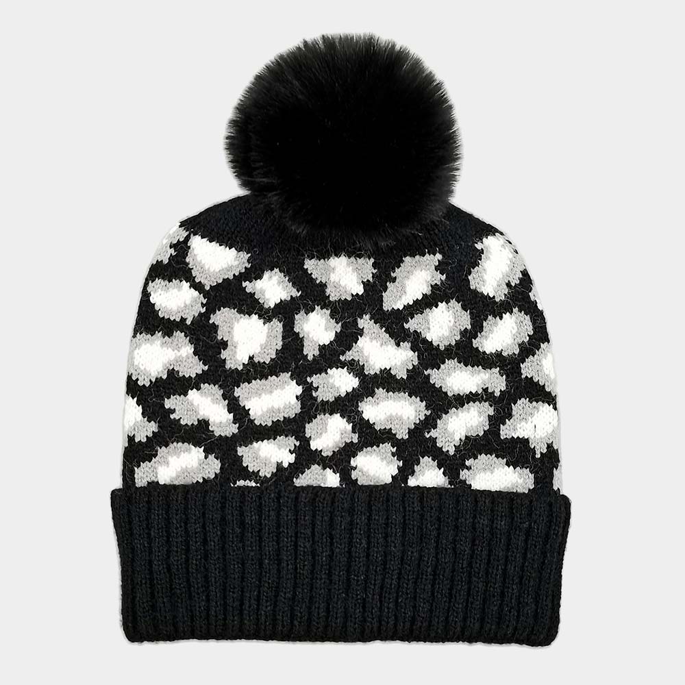 Black Leopard Patterned Faux Fur Pom Pom Ribbed Beanie Hat