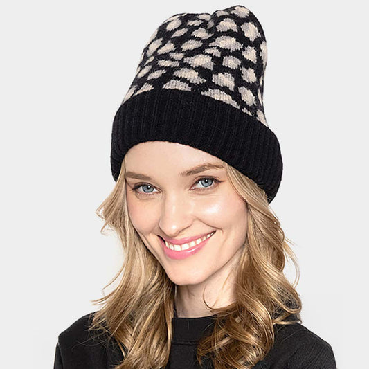 Black Leopard Patterned Ribbed Cuff Beanie Hat
