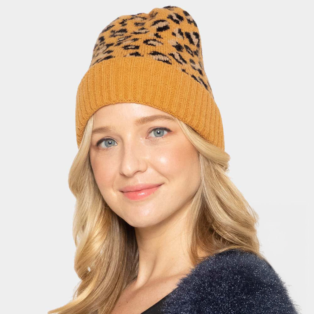Mustard Leopard Patterned Ribbed Cuff Beanie Hat