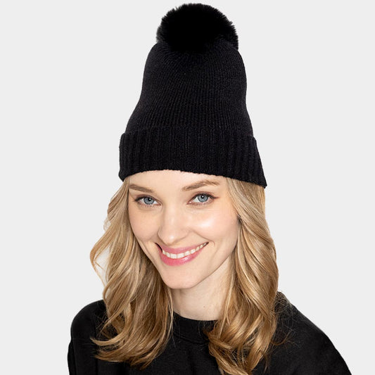 Black Solid Knit Beanie Hat With Faux Fur Pom