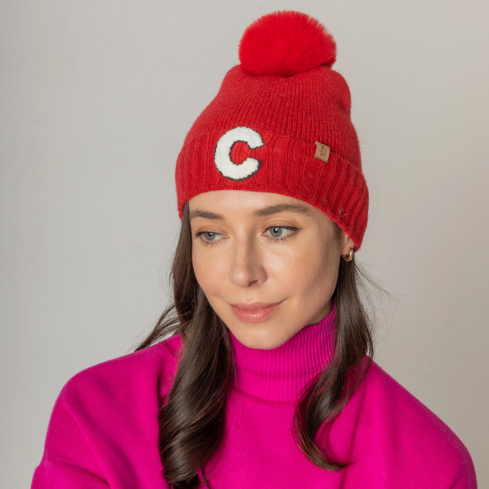 Red -C- Initial Monogram Faux Fur Pom Pom Knit Beanie Hat