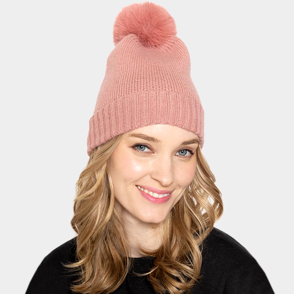 Dust Pink Solid Knit Beanie Hat With Faux Fur Pom