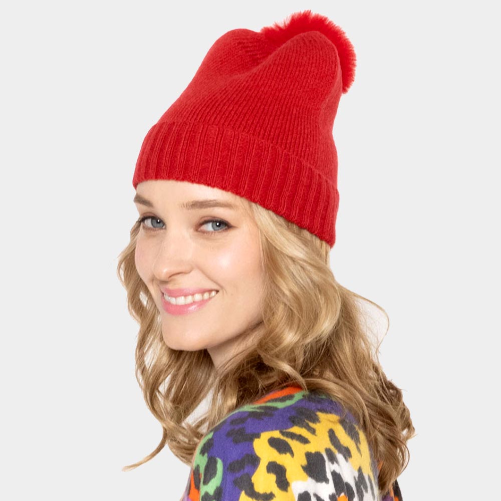 Red Solid Knit Beanie Hat With Faux Fur Pom