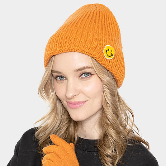 Orange SMILE Patch Pointed Ribbed Knit Beanie Hat