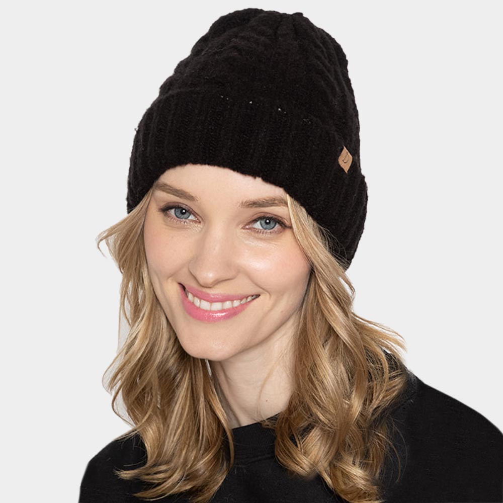 Black Cable Knit Cuff Beanie Hat