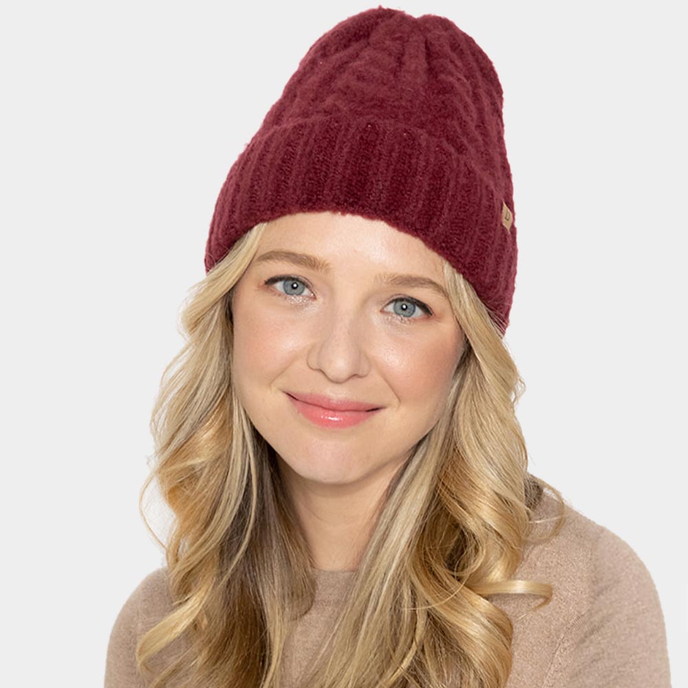 Burgundy Cable Knit Cuff Beanie Hat