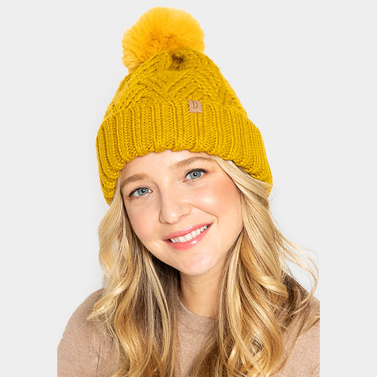 Mustard Faux Fur Pom Pom Cable Knit Beanie Hat
