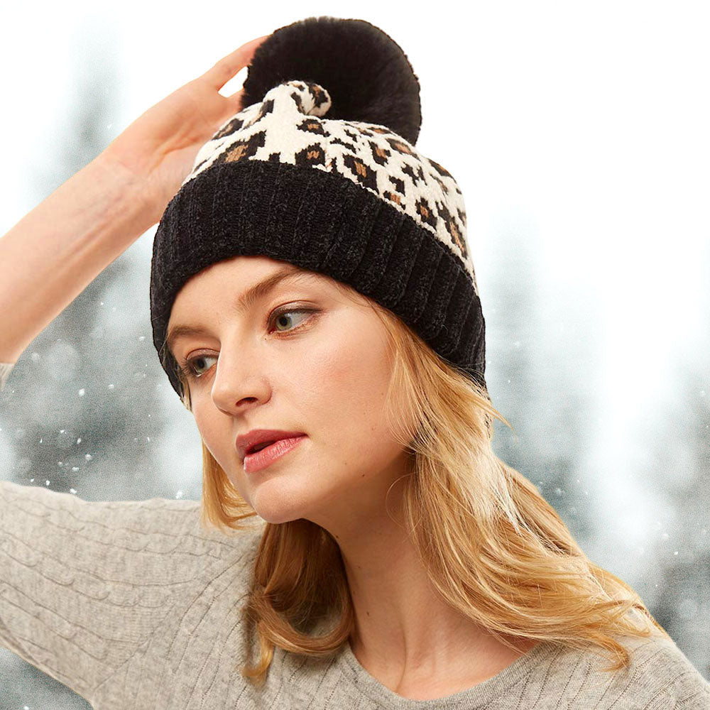 Black Leopard Print Pom Pom Beanie Hat