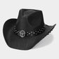 Madeline Love Black Metal Steer Head Emblem Studded Faux Leather Band Western Straw Cowboy Fedora Hat - Hats