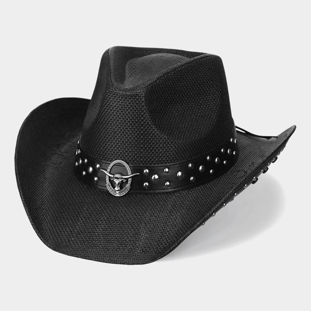Madeline Love Black Metal Steer Head Emblem Studded Faux Leather Band Western Straw Cowboy Fedora Hat - Hats