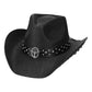 Madeline Love Black Metal Steer Head Emblem Studded Faux Leather Band Western Straw Cowboy Fedora Hat - Hats - desc