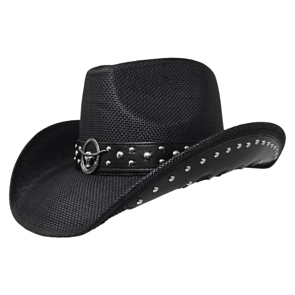 Madeline Love Black Metal Steer Head Emblem Studded Faux Leather Band Western Straw Cowboy Fedora Hat - Hats - extra