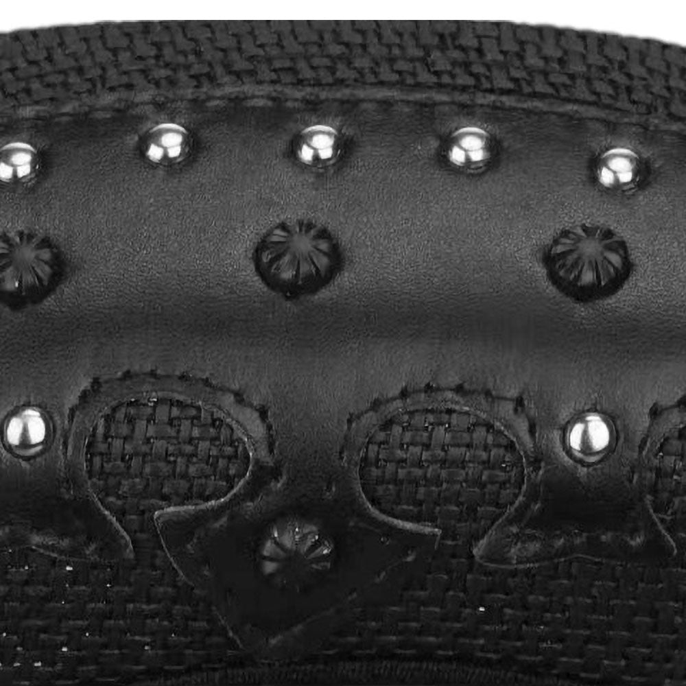Madeline Love Black Metal Steer Head Emblem Studded Faux Leather Band Western Straw Cowboy Fedora Hat - Hats - extra
