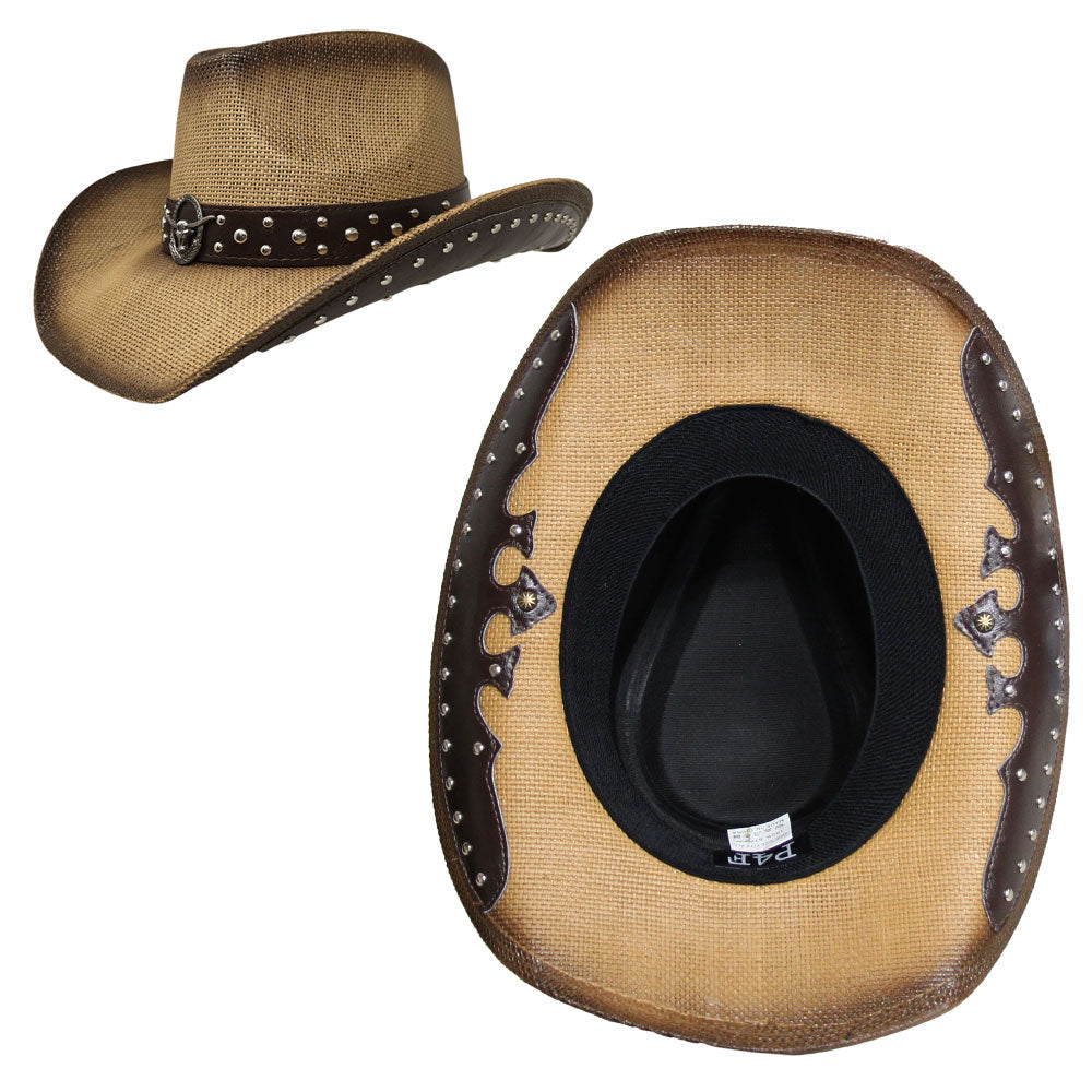 Madeline Love Black Metal Steer Head Emblem Studded Faux Leather Band Western Straw Cowboy Fedora Hat - Hats - extra