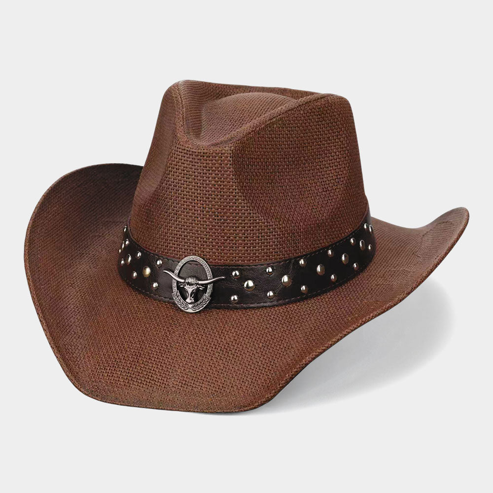 Madeline Love Brown Metal Steer Head Emblem Studded Faux Leather Band Western Straw Cowboy Fedora Hat - Hats