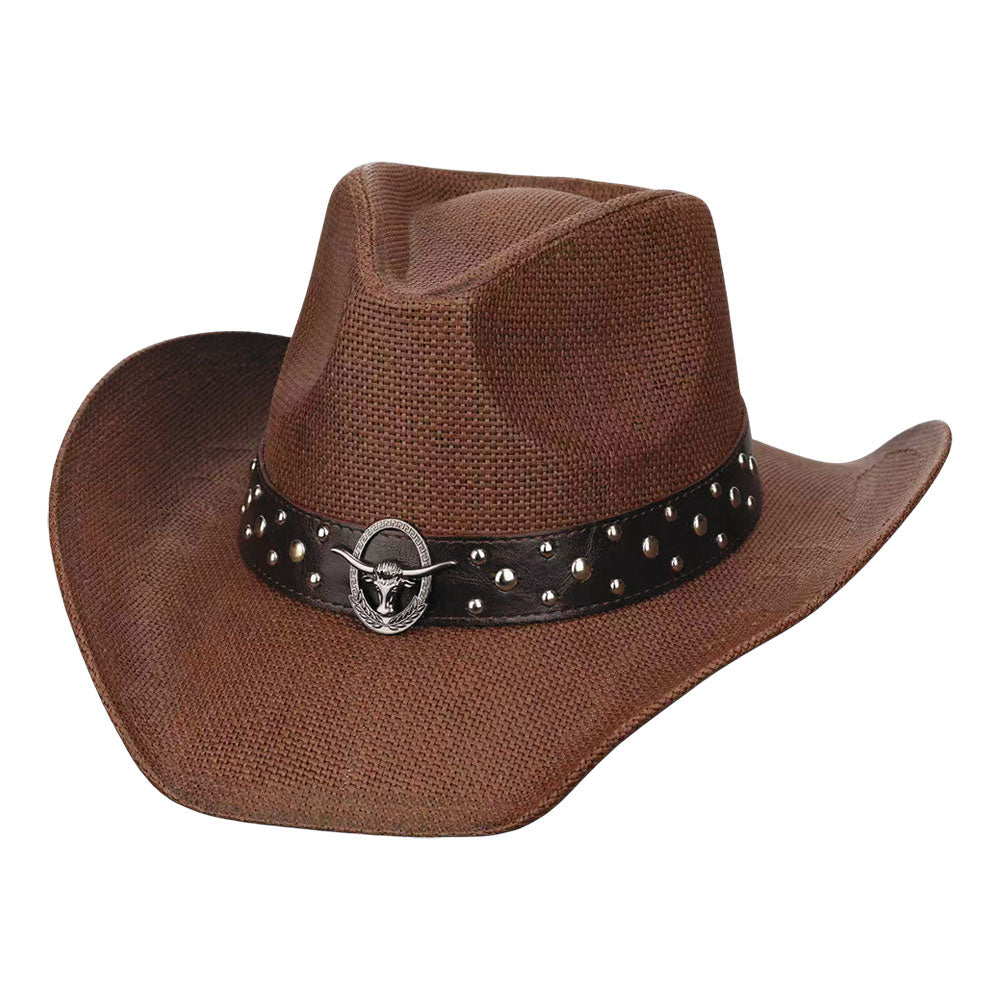 Madeline Love Brown Metal Steer Head Emblem Studded Faux Leather Band Western Straw Cowboy Fedora Hat - Hats - desc