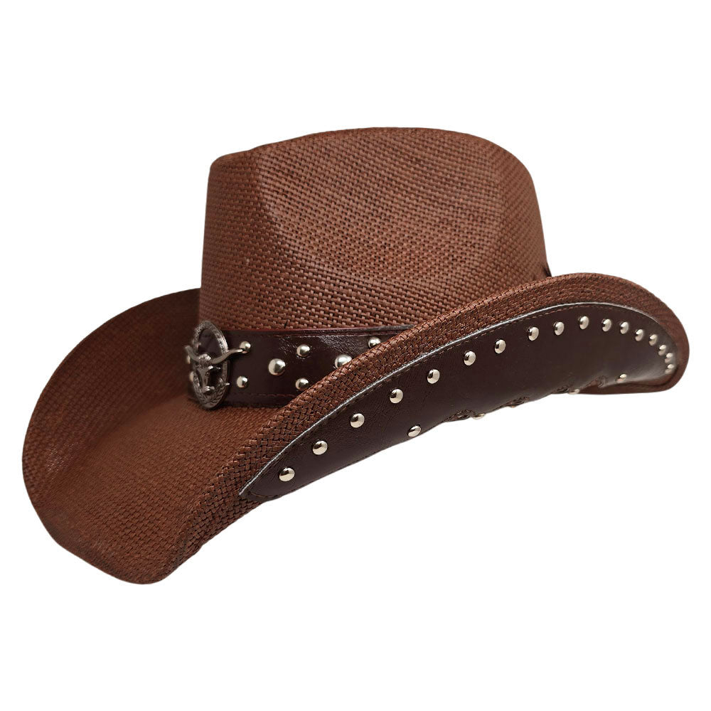 Madeline Love Brown Metal Steer Head Emblem Studded Faux Leather Band Western Straw Cowboy Fedora Hat - Hats - extra