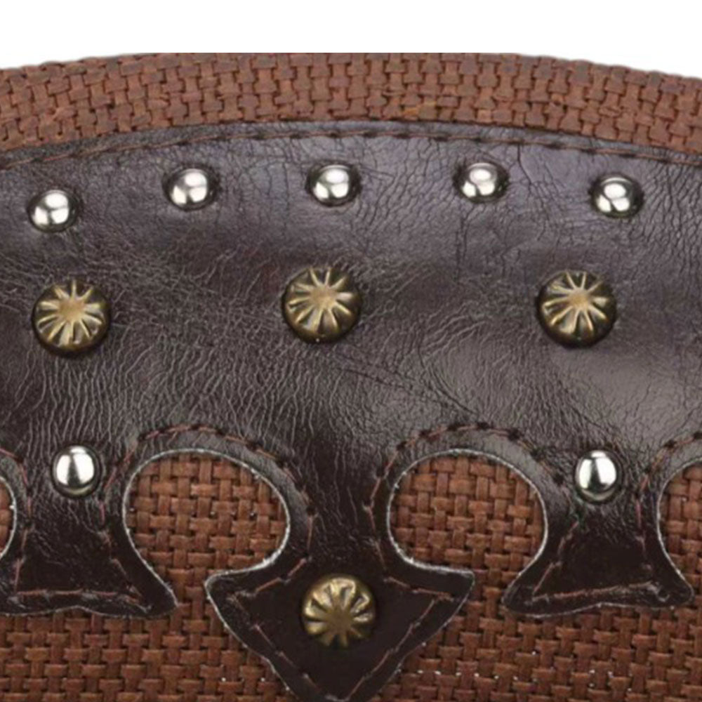 Madeline Love Brown Metal Steer Head Emblem Studded Faux Leather Band Western Straw Cowboy Fedora Hat - Hats - extra