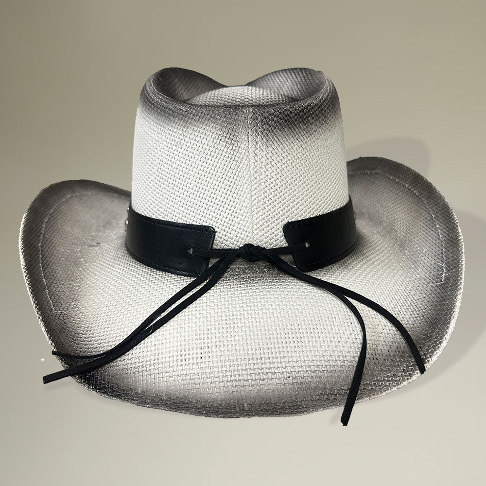 Madeline Love Brown Metal Steer Head Emblem Studded Faux Leather Band Western Straw Cowboy Fedora Hat - Hats - extra