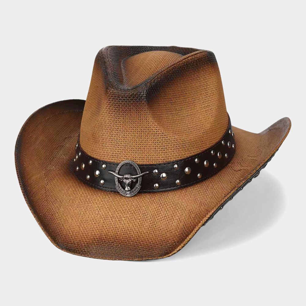 Madeline Love Tan Metal Steer Head Emblem Studded Faux Leather Band Western Straw Cowboy Fedora Hat - Hats - desc