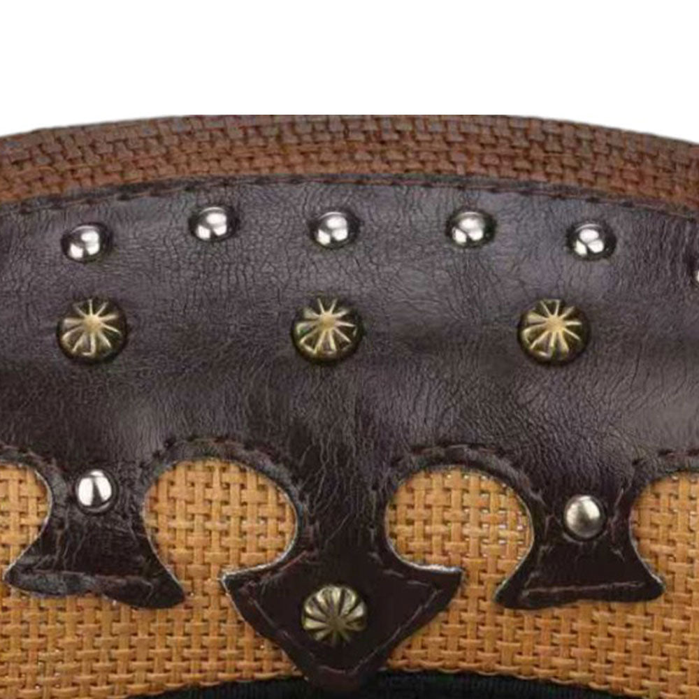 Madeline Love Tan Metal Steer Head Emblem Studded Faux Leather Band Western Straw Cowboy Fedora Hat - Hats - extra